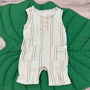 Easy Peasy 6-9M Green Striped Cotton Muslin Henley Sleeveless Tank Romper